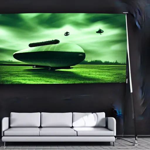 Image similar to green fog clouds with airship, dimensional travel, hd