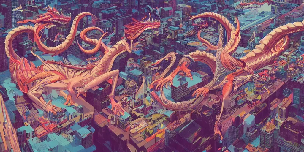 Image similar to A giant Dragon City , Tristan Eaton, victo ngai, artgerm, RHADS, ross draws