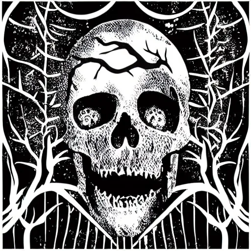 Image similar to dark death metal themed vector illustration for a record label, trees. forest, spikes, skull, microphone, skull, award winning, grunge, iconic, golden ratio