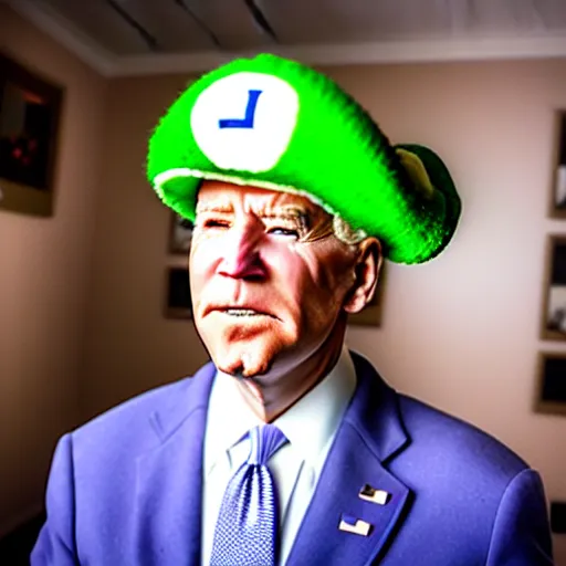 Image similar to uhd candid photo of hyperdetailed joe biden dressed as luigi. correct face, cinematic lighting, photo by annie leibowitz, and steve mccurry.