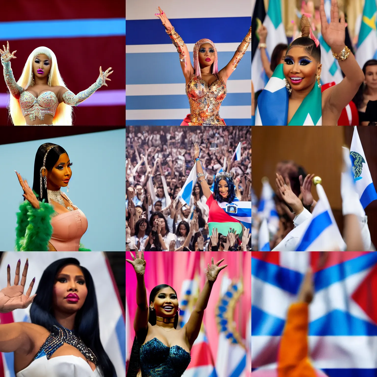 Prompt: detailed Nicki Minaj waving hands in the Argentine Congress, flags of Argentina behind, bokeh