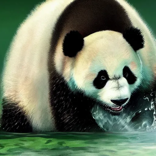 Image similar to Epic portrait an fluffy cute panda playing with water near a green river, nature, digital painting, artstation, concept art, soft light, hdri, smooth, sharp focus, illustration, fantasy, intricate, elegant, highly detailed, D&D, matte painting, in the style of Greg Rutkowski and Alphonse Mucha and artemisia, 8k, highly detailed, jurgens, rutkowski, bouguereau, pastoral, rustic, georgic, detailed concept art, illustration, colorful pastel, painting, detail, ultra detailed, digital art, 4K,