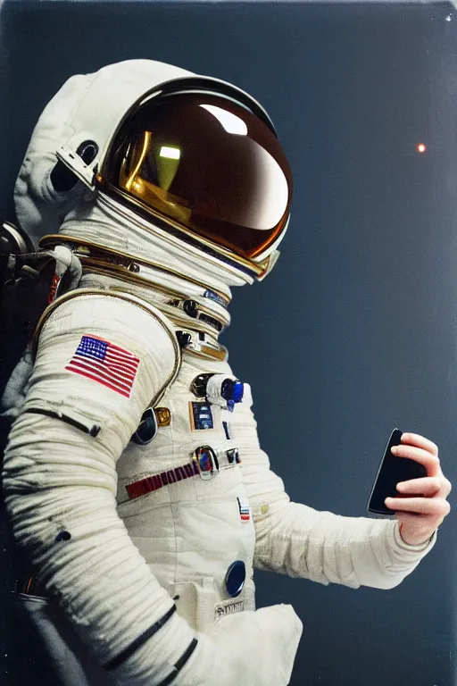 Prompt: extremely detailed studio portrait of space astronaut taking a selfie, holds a smart phone in one hand, phone!! held up to visor, reflection of phone in visor, moon, extreme close shot, soft light, golden glow, award winning photo by james van der zee