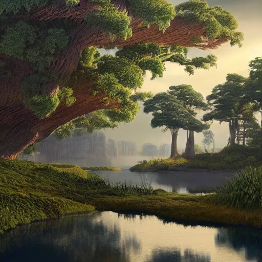Image similar to a painting of a landscape with trees and a body of water, a detailed matte painting by Stanley Twardowicz, featured on polycount, ecological art, rendered in unreal engine, matte painting, unreal engine 5