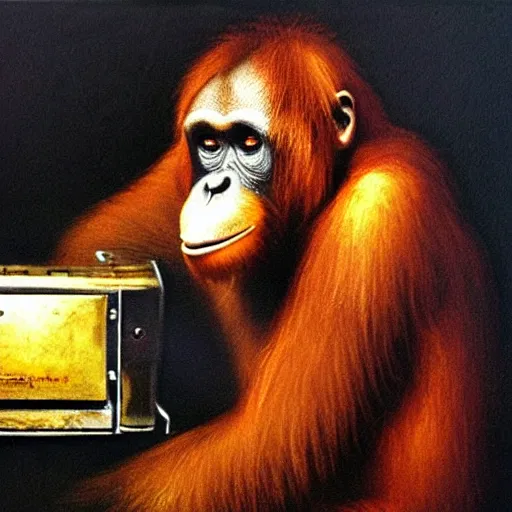 Prompt: an oil painting of an orangutan eating a toaster, by rembrandt.