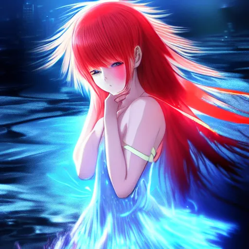Prompt: advanced digital anime art, a very cute gorgeous teenage girl made of fire and ice with red fiery watery eyes glancing over her left shoulder wearing a dress made of water is standing in an apocalyptic burning city, full body, full round face, dramatic cinematic lighting, highly intricately detailed, medium shot, mid-shot, trending on pixiv, Artstation, Sakimimichan