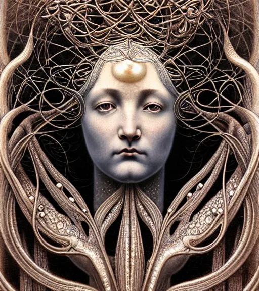 Image similar to detailed realistic beautiful pearl goddess face portrait by jean delville, gustave dore, iris van herpen and marco mazzoni, art forms of nature by ernst haeckel, art nouveau, symbolist, visionary, gothic, neo - gothic, pre - raphaelite, fractal lace, intricate alien botanicals, ai biodiversity, surreality, hyperdetailed ultrasharp octane render