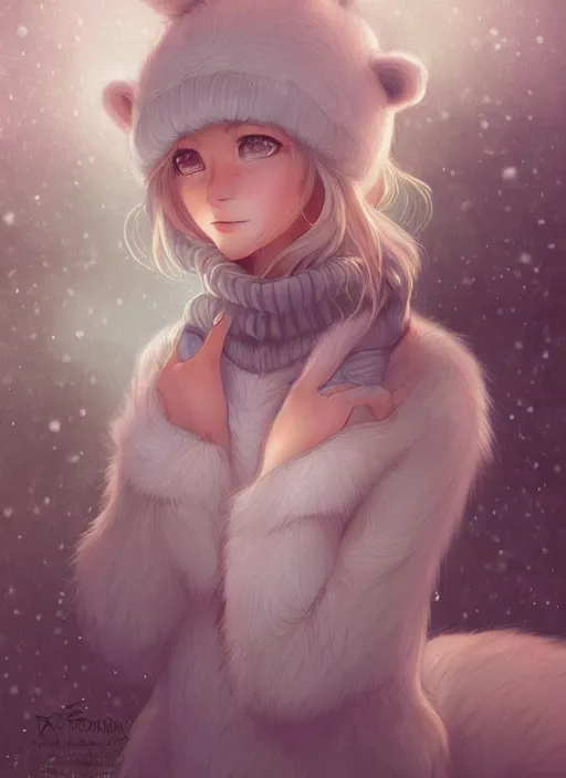 Image similar to award winning beautiful portrait commission art of a female furry anthro polar bear fursona with a cute beautiful attractive detailed feminine furry face wearing a cute stylish winter sweater and pants at a comfy winter cabin at dusk by firelight. Character design by charlie bowater, ross tran, artgerm, and makoto shinkai, detailed, inked, western comic book art