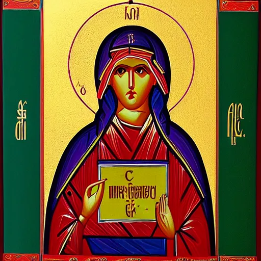 Image similar to an orthodox christian icon of a girl saint with a computer!