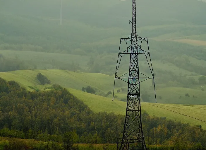 Image similar to a transmission tower surrounded by gentle hills, inspired by burdeny david