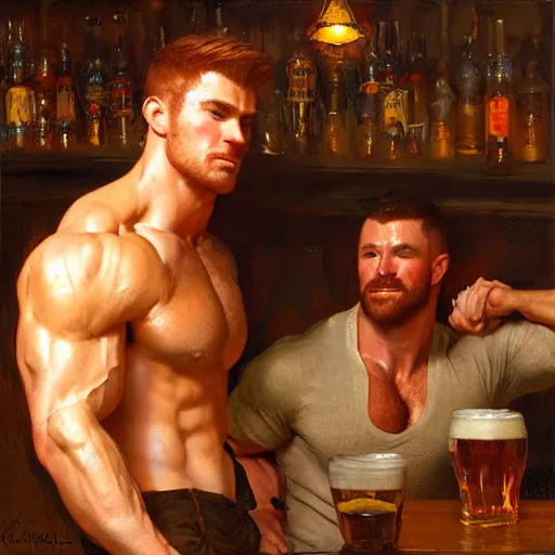 Image similar to attractive muscular mike with ginger hair with muscular attractive tyler with brunet hair, drinking their hearts out, in a pub. very defined and highly detailed painting by gaston bussiere, craig mullins, j. c. leyendecker 8 k