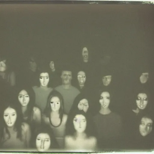 Image similar to a dark room filled with shadow people looking at the camera, horror, nightmare, terrifying, surreal, nightmare fuel, old polaroid, blurry, expired film, lost footage, found footage,