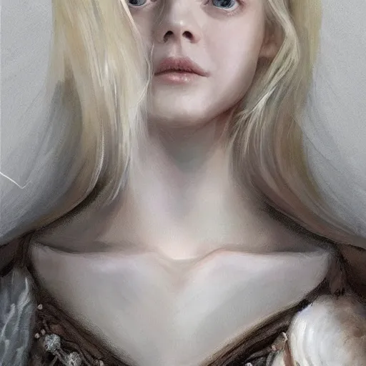 Prompt: a professional painting of Elle Fanning, clothed in ethereal armor, porcelain white skin, long blonde hair, beautiful bone structure, symmetrical facial features, intricate, elegant, digital painting, concept art, smooth, sharp focus, illustration, from Valerian and the City of a Thousand Planets, by Ruan Jia and Mandy Jurgens and Artgerm and William-Adolphe Bouguerea