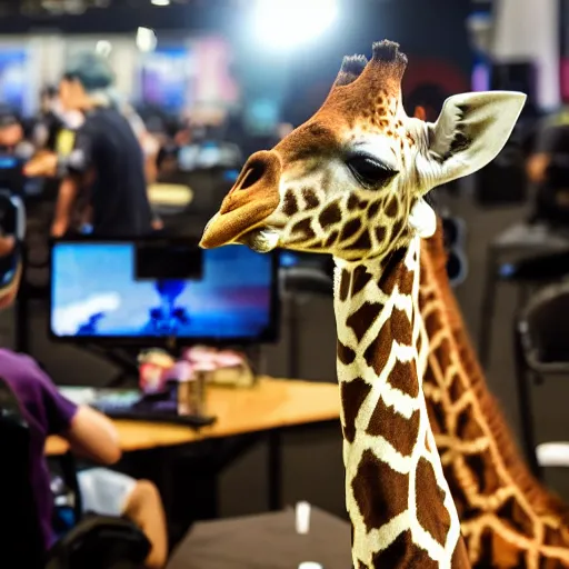 Image similar to young giraffe grazing at video game tournament