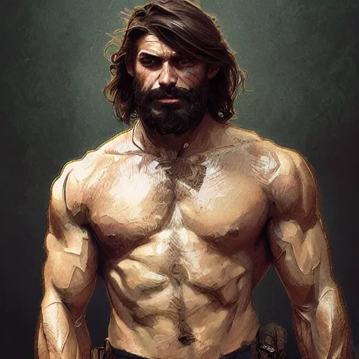 Image similar to portrait of a young rugged ranger, muscular, upper body, hairy torso, D&D, fantasy, intricate, cinematic lighting, highly detailed, digital painting, artstation, concept art, smooth, sharp focus, illustration, art by Artgerm and Greg Rutkowski and Alphonse Mucha