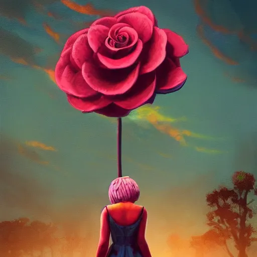 Image similar to giant rose flower head, frontal, girl in a suit, surreal photography, sunrise, dramatic light, impressionist painting, digital painting, artstation, simon stalenhag