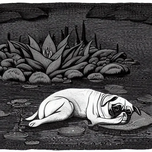 Prompt: adorable pug sleeping on a lily pad leaf grown in a pond in a dark forest, detailed illustration in dotted, black and white, in the style of gustave dore's dante's inferno.