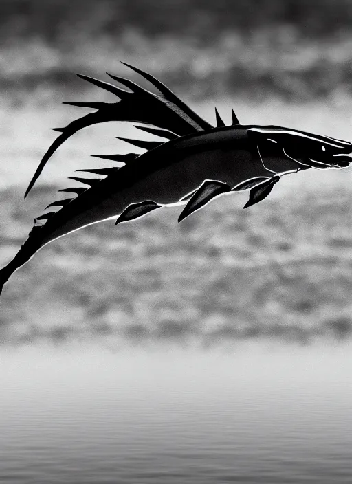Image similar to a real life gyarados swimmin in a lake, proof photograph, black and white, blurry, hidden camera