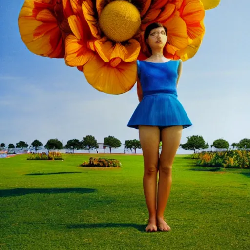 Image similar to giant flower head, full body, girl standing in hotel, surreal, symmetry, mid century, bright colours, blue sky, realistic, wes anderson