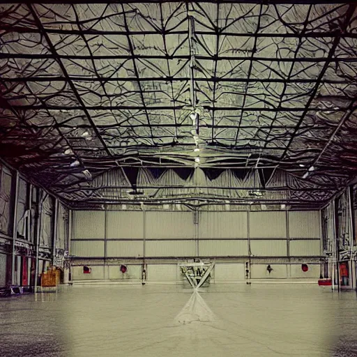 Image similar to an alien craft inside a hanger, old photo, vintage photo, grainy, realistic, real photo,