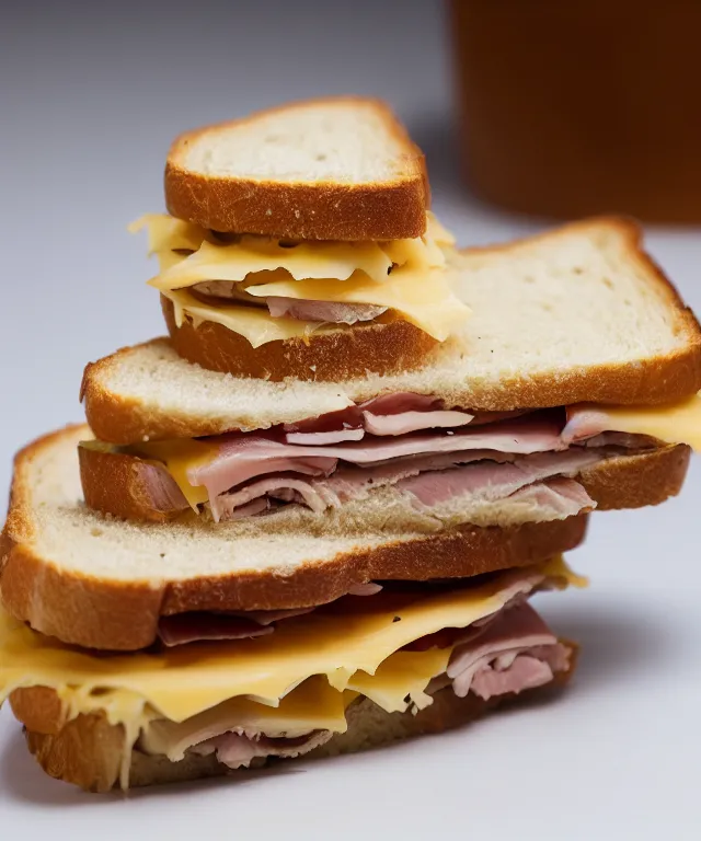 Image similar to high quality presentation photo of a ham & cheese sandwich, photography 4k f1.8 anamorphic bokeh 4k Canon Nikon