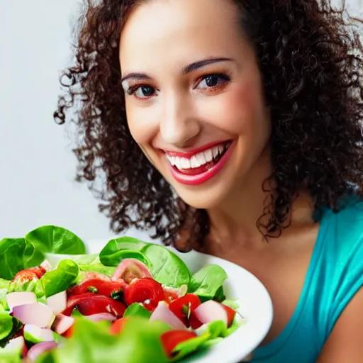 Image similar to happy woman eating salad, stock photograph, studio lighting, 4k