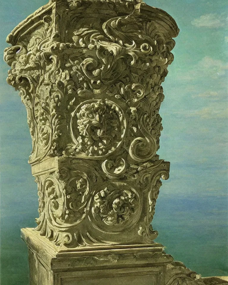 Image similar to achingly beautiful painting of intricate ancient roman corinthian capital on jade background by rene magritte, monet, and turner. giovanni battista piranesi.