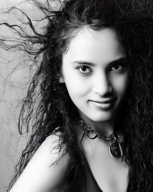 Image similar to a portrait of a beautiful Young female with long disheveled black hair, beautiful and smiling, sweet looks, white skin and reflective eyes, black tank top, black leather shiny jeans, an ankh necklace white colors in the background, by David Lazar and Annie Leibovitz 500px photos, top cinematic lighting , cinematic mood, very detailed, shot in canon 50mm f/1.2