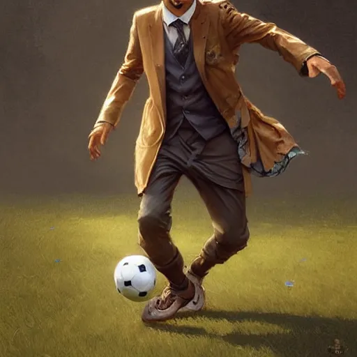 Image similar to Mr Bean playing soccer, D&D, fantasy, intricate, elegant, highly detailed, digital painting, artstation, concept art, matte, sharp focus, illustration, art by Artgerm and Greg Rutkowski and Alphonse Mucha