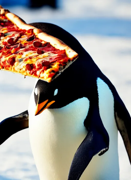 Prompt: photo of a penguin eating a pizza slice