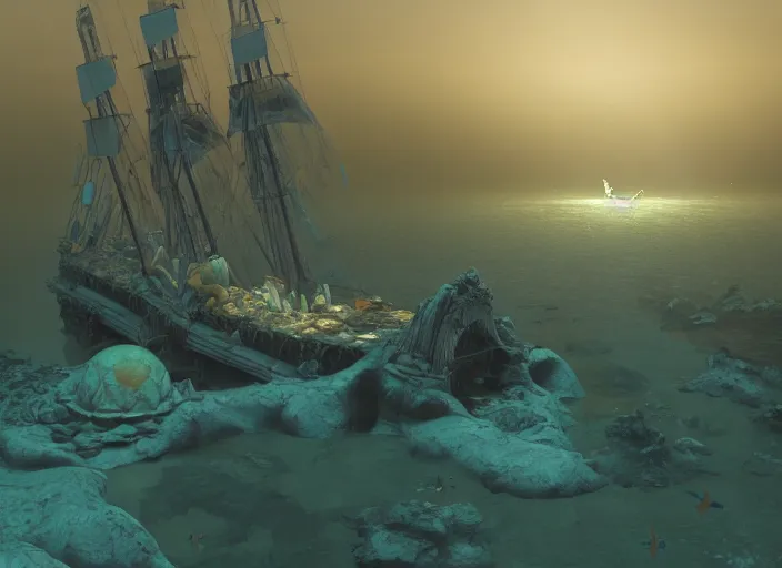 Image similar to a statue at the bottom of the sea, fishes swimming, anemones and starfish, an old shipwreck, mc escher, gordon onslow ford, georgia o'keeffe and ivan aivazovsky, cinematic light, god rays, colourful, unreal engine, zbrush central,