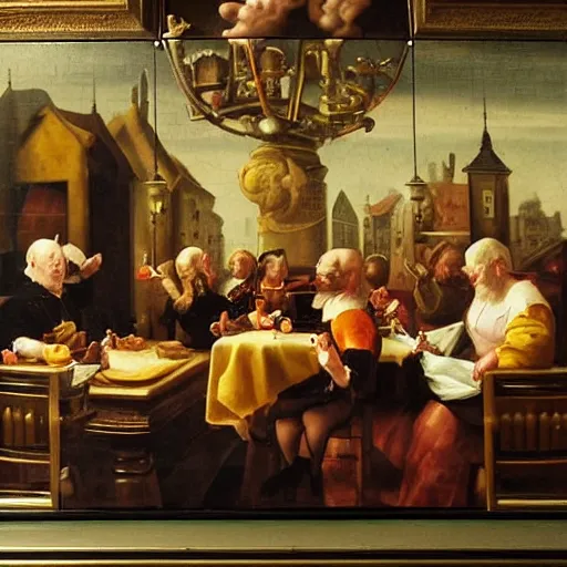 Prompt: A flemish baroque oil painting of people eating at macdonalds