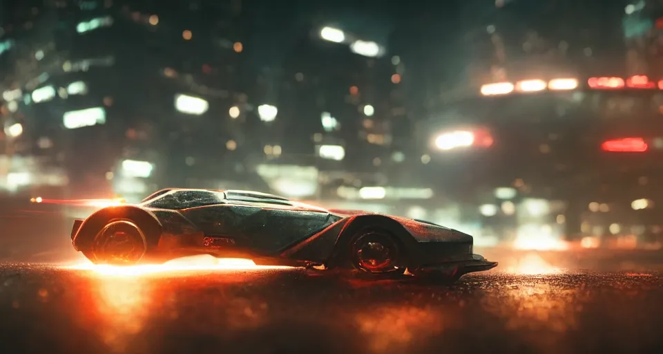 Image similar to macro closeup photo of combat tesla cybertruck hovering over wet dystopian cyberpunk city streets at night, mad max, action, speed, volumetric lighting, hdr, need for speed, gta 5, ridley scott, makoto shinkai, syd mead, craig mullins, cinematic, fast and furious, blade runner, octane, 8 k, iso 1 0 0