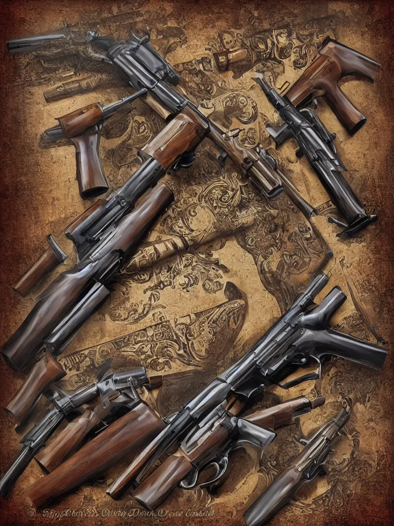 Image similar to carving of machine guns shotguns rifles revolvers bullets, dark vintage paperback cover, ultrarealistic, intricate details, 4k
