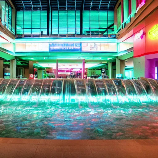 Image similar to A vast 80s shopping mall interior with an enormous water feature, water fountain, water falls, photo taken at night, neon pillars, large crowd