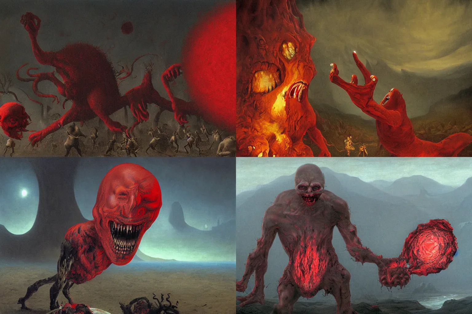 Prompt: jerma shows a pulsating red fleshy mass to chat as they fall deeper into maniacal laughter and peep the horror, hellish landscape epic painting by barlowe