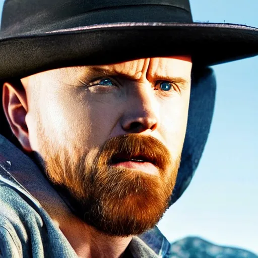 Image similar to Live Action Still of Aaron Paul dressed as Walter White, real life, hyperrealistic, ultra realistic, realistic, highly detailed, epic, HD quality, 8k resolution, body and headshot, film still