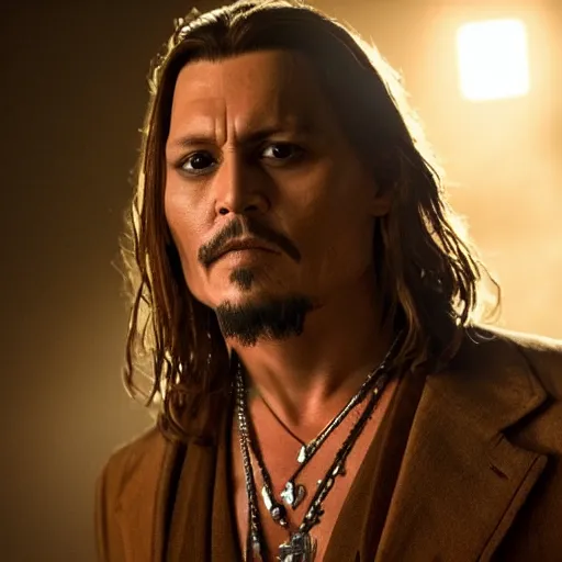 Image similar to stunning awe inspiring johnny depp as the jesus christ, movie still 8 k hdr atmospheric lighting