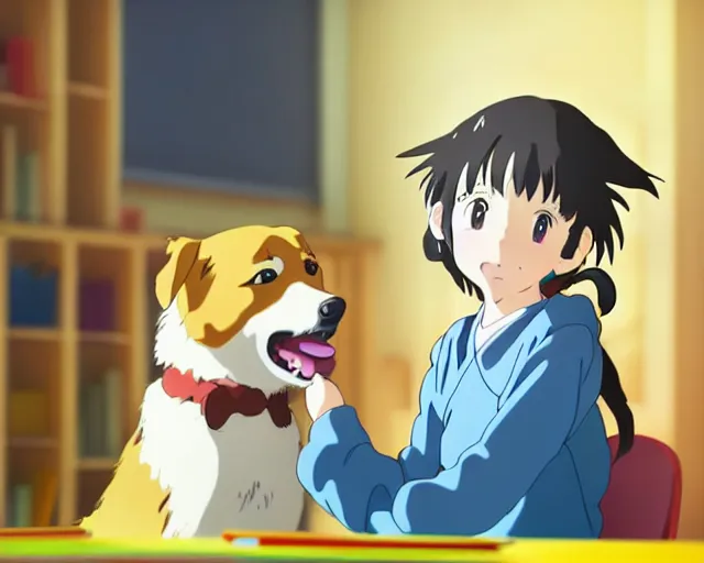 Prompt: anime fine details portrait of joyful girl with her dog in school class room, bokeh. anime masterpiece by Studio Ghibli. 8k, sharp high quality anime from 1990 in style of Hayao Miyazaki