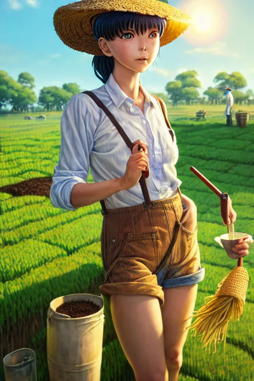 Image similar to mandragora farmer girl working on the sunny day, wearing a suspender and straw hat, artgerm, artstation, art by hiroaki samura and jiro matsumoto and yusuke murata, fantasy, box office hit, movie poster, unreal engine, octane render, sharp focus, high quality, highly detailed 8 k