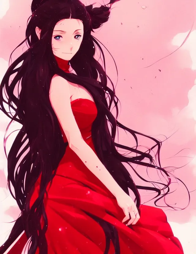 Prompt: a ultradetailed beautiful panting of rin tohsaka with flowing hair, 1 / 4 portrait, by conrad roset, greg rutkowski and makoto shinkai, rin, red dress, fate, trending on artstation