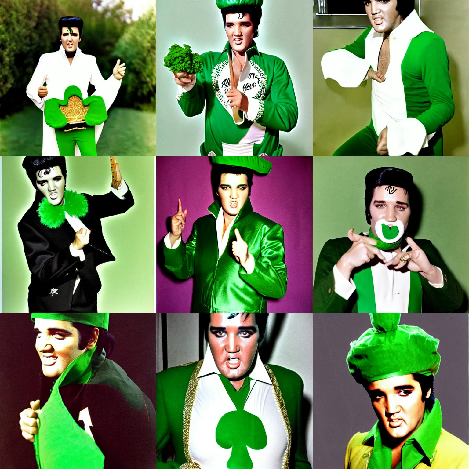 Prompt: elvis presley dressed as parsley!!!!, parsley costume, color photo by terry oneill
