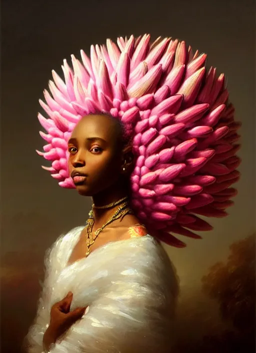 Image similar to stunning african princess, detailed pink and white protea head peace against a black backdrop by ivan aivazovsky, wlop, oil painting, beautiful soft lighting, muted colours, artstation
