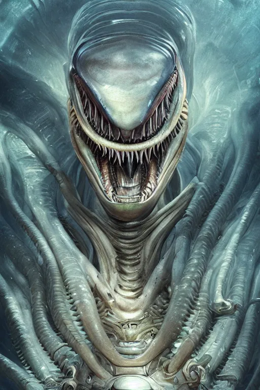 Image similar to underwater xenomorph alien mixed with sharks extra teeth, tentacles, labyrinth, highly detailed, digital painting, artstation, concept art, smooth, sharp focus, illustration, unreal engine 5, 8 k, art by artgerm and greg rutkowski and alphonse mucha and ifbb pro fitness photograph, giger