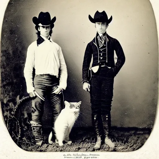 Image similar to cowboys and their cats, 1 8 0 0 s, photograph