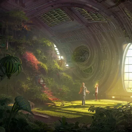Image similar to , boy with grandma in scifi green house, spaceship, plants, viewed from afar, stephen bliss, misty, unreal engine, fantasy art by greg rutkowski, loish, ferdinand knab, and lois van rossdraws, global illumination, radiant light, minimalist, detailed and intricate environment