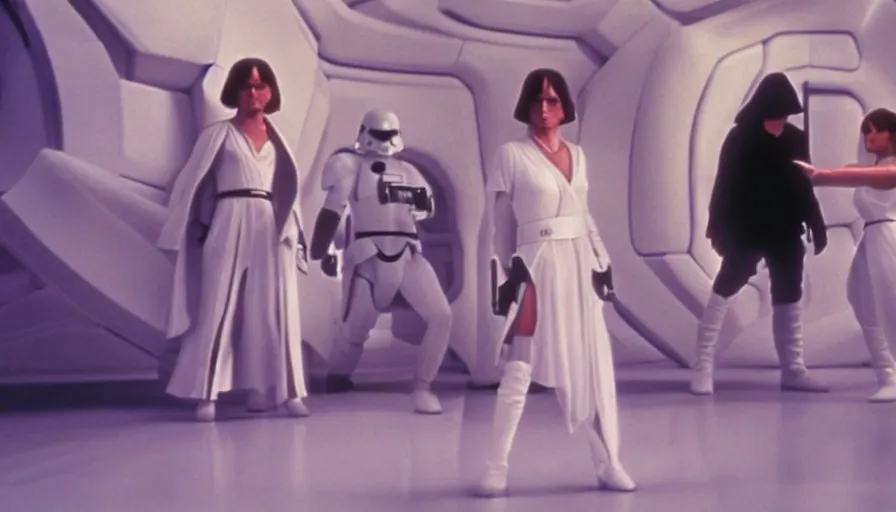 Image similar to screenshot portrait of Luke Skywalker and Princess Leia, facing off against an incredibly haunting female sith lord in white, on a sith planet of purple magic maelstrom, iconic scene from the 1970s sci fi thriller film by Stanley Kubrick, HR Geiger, stunning cinematography, hyper-detailed, sharp, anamorphic lenses, kodak color stock, 4k, stunning