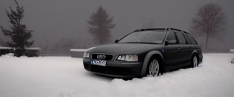 Image similar to Audi A4 B6 Avant (2002), a gritty neo-noir, dramatic lighting, cinematic, eerie person silhouette, death, homicide, homicide in the snow, gunshots, establishing shot, extremely high detail, photorealistic, cinematic lighting, artstation, by simon stalenhag, Max Payne (PC) (2001) winter new york at night, Max Payne 2 graphic novel style, flashing lights, Poets of the Fall - Late Goodbye