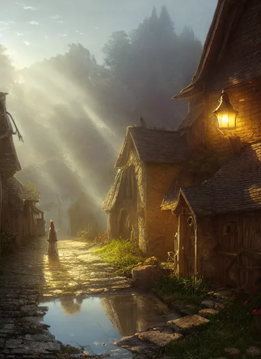 Image similar to small poor medieval village, mist, sunrays, dust in the air, dnd character, unreal engine, octane render, dramatic lighting, pond, digital art, by stanley artgerm lau, greg rutkowski, thomas kindkade, alphonse mucha, loish, norman rockwell,