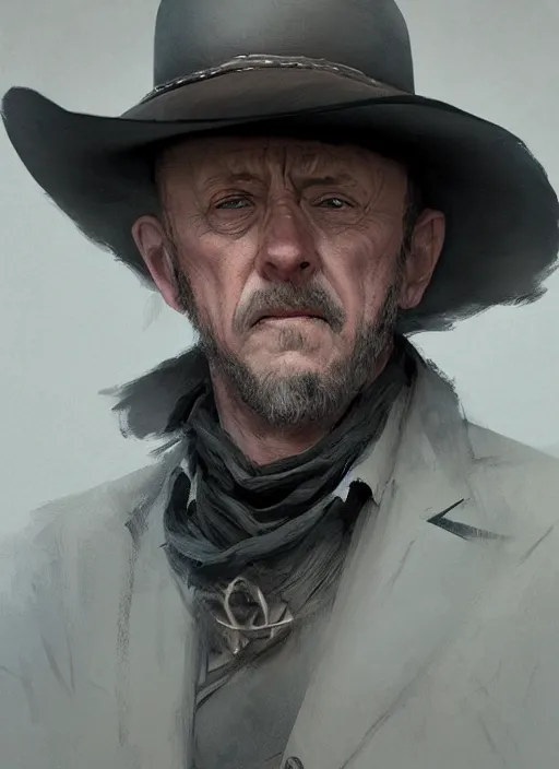 Prompt: jonathan banks as a cowboy, elegant, digital painting, concept art, smooth, sharp focus, illustration, from red dead redemption by ruan jia and mandy jurgens and artgerm and william - adolphe bouguerea